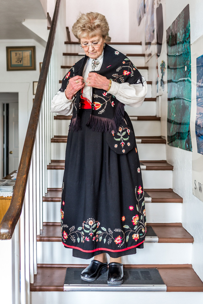 Gwen checking on her Norwegian bunad folk costume